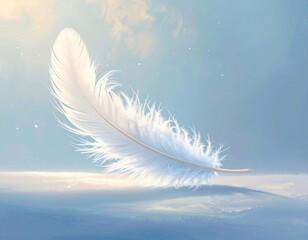 柔らかい光をまとった白いフェルト羽根が空中に浮かぶように表現されたやさしいイラスト。落ち着いた青系グラデーションの癒し背景素材。