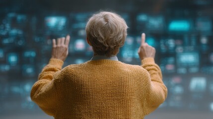 Senior Interacting with Future Digital Technology & Data Screen