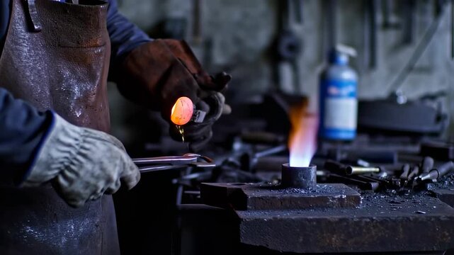 A blacksmith, holding a fiery object with tongs, near another flame on a workbench. Gloves and apron visible