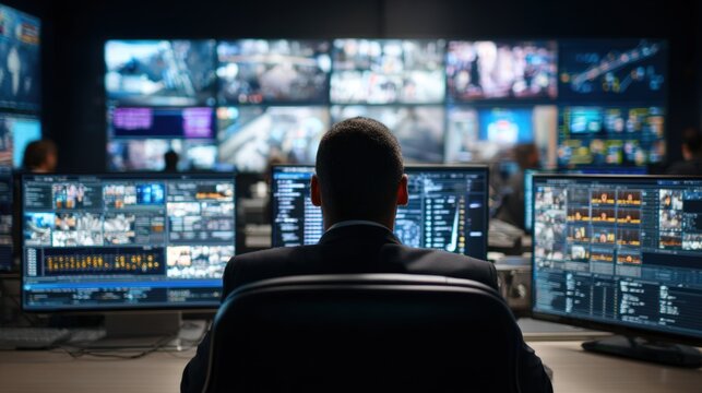 Shot of a security analyst monitoring realtime threat alerts and firewall logs in a control room to safeguard digital infrastructure. - Powered by Adobe