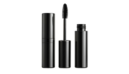 Obraz premium Black mascara tube and wand, one uncapped, against a black background