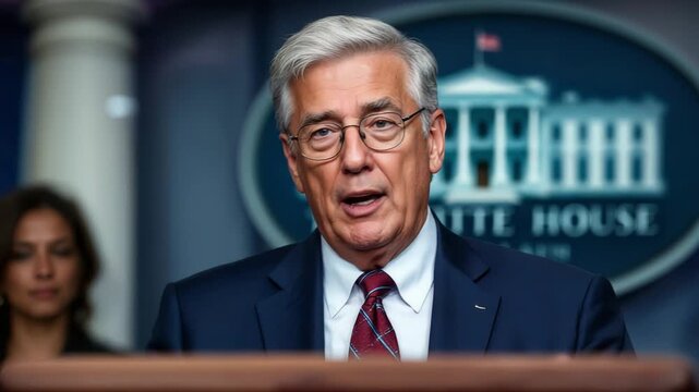 Senior government representative speaks formally from presidential lectern