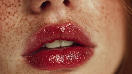 Fototapeta premium A close-up shot of plump, glossy lips painted with a bold red hue, accentuated by delicate freckles, exuding beauty, allure, and a hint of mystique.