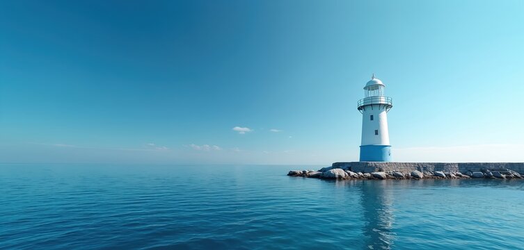 White and blue lighthouse stands on stone pier in calm ocean under clear blue sky. Coastal structure provides guidance for ships navigating sea waters. Iconic landmark offers solitude and peace. - Powered by Adobe