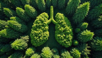 Forest trees form lung shape from aerial view. Represents healthy planet breathing clean air, nature conservation. Life grows green in woods.