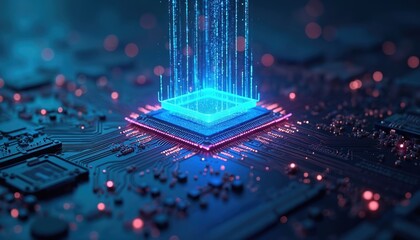 Glowing quantum computer chip on circuit board. Digital data streams transmit between processors. Futuristic technology advances AI and machine learning. Neon lights illuminate complex circuitry.