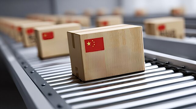 Cardboard boxes featuring flags of china are transporting along a factory conveyor belt, symbolizing global logistics, product manufacturing, and international trade flows from chinese production - Powered by Adobe