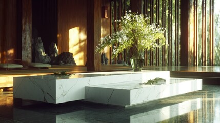 Sunlit marble table displays floral arrangement in tranquil interior.