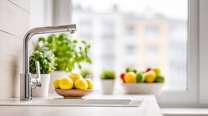 Bright kitchen sink area with fresh fruit and plants near window.