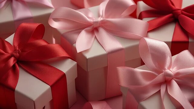 A close-up view of several gift boxes tied with satin ribbons in shades of pink and red.