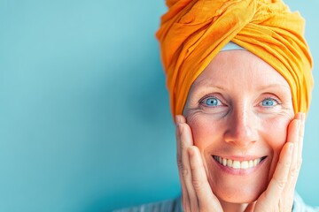 Brightly lit portrait of a joyful Eastern woman with an orange headband, gently touching her cheeks, smiling warmly at the camera against a blue background
