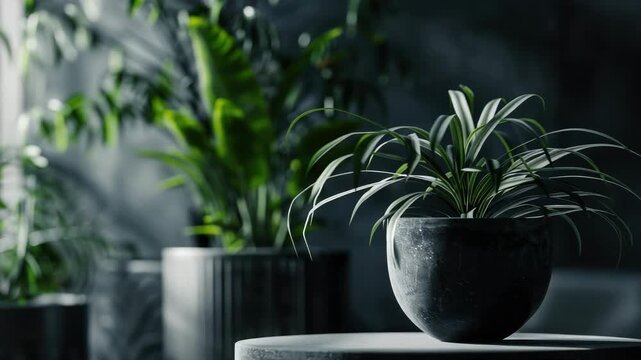 A black pot with a plant in it sits on a table