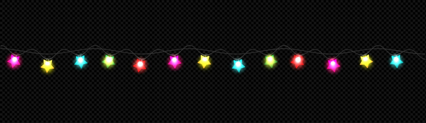 Colorful Star String Lights &ndash; Festive Hanging Garland with Glowing Multicolor Stars on dark Background for Holiday Decoration