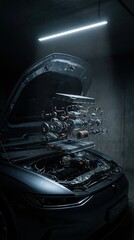 Fototapeta premium Electric vehicle engine components displayed in a conceptual exploded view