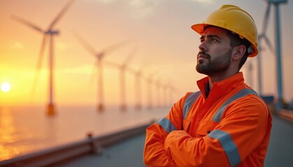 Man in orange safety suit and yellow hard hat stands at offshore wind farm at sunset. He looks towards horizon with wind turbines in background. Renewable energy technician observes power generation.