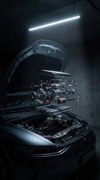 Electric vehicle engine components displayed in a conceptual exploded view