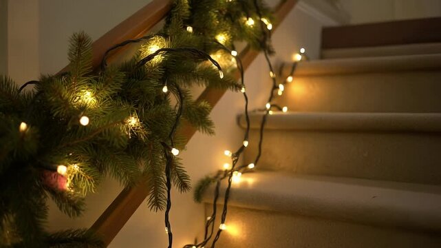 A close-up shot of a Christmas garland with warm white fairy lights draped along a wooden banister and carpeted stairs.