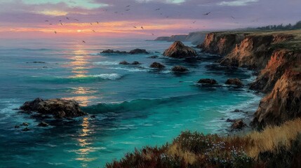 Tranquil Sunset Over Rocky Coastline with Colorful Sky Reflections
