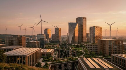 Sustainable city skyline with wind turbines and modern architecture at sunset