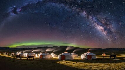 Traditional Mongolian yurts at night under Milky Way and Aurora Borealis