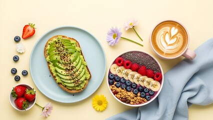 Top view of a healthy breakfast with avocado toast, berry smoothie bowl, croissant, coffee, and orange juice on a bright modern table.