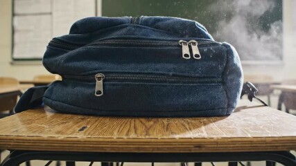 A blue textile backpack lands heavily on a textured wooden table within a bright classroom environment. The background features blurred school notice boards and natural daylight entering through a win