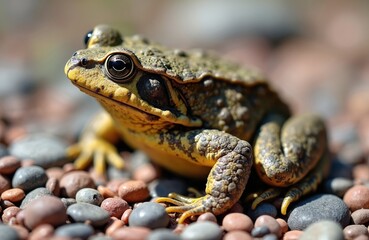 Obraz premium Canadian toad rests on smooth stones near water. This amphibian has bumpy green skin with yellow belly. It looks alert with bulging dark eyes.
