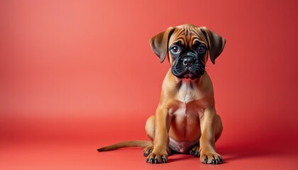 Cute boxer puppy sits on plain red studio background with ample copy space. Young dog looks directly ahead, awaiting adoption, ready for graphic design needs. Its adorable face invites warmth, care.