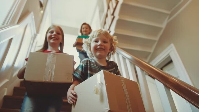 A boy is carrying a box up the stairs