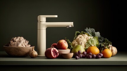 Cream colored kitchen faucet with fresh fruits and vegetables arranged artfully.