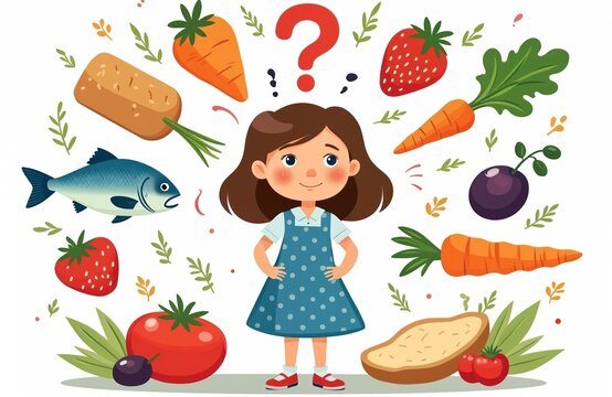 Young girl confused by food choices surrounded by fruits vegetables fish bread. Question mark above head shows dilemma for diet nutrition and healthy eating decisions.