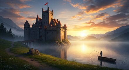 a castle in the middle of a lake at sunset