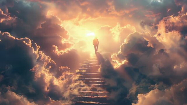 Video A person ascending a staircase amidst fluffy white clouds, possibly a dream or imagination scenario