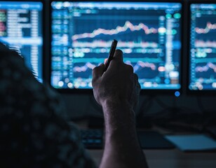 Trader analyzes stock market graphs on multiple computer screens showing financial data in a dark room with blue digital light and a hand holding a pen pointing at the screen