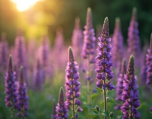 Obraz premium Field of blooming purple hyssop flowers at sunset. Green stalks, delicate petals. Natural beauty in soft light, peaceful meadow scene. Herbal remedy plant.