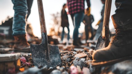 Construction crew using tools to organize mixed waste highlighting ecofriendly efforts to reduce landfill impact and promote material recovery.