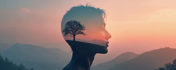 Silhouette profile of a person head contains a serene landscape with a tree at sunset. The image symbolizes inner peace, mental clarity, and connection to nature. It offers space for text overlays.