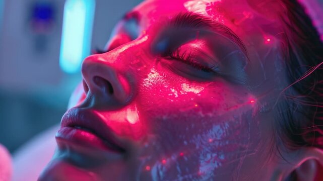 Video A woman with radiant complexion and a pink glow on her face, perfect for beauty or wellness-themed