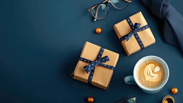 Coffee cup next to brown gift boxes tied with blue ribbons.