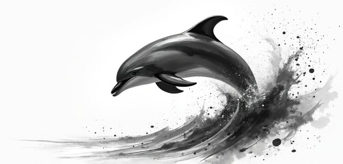 Dolphin leaps from ocean water with dynamic splash. Artistic monochrome illustration conveys movement and power of marine life. Creature jumps mid-air, water sprays, ink style.