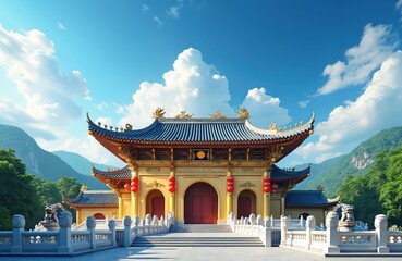 Obraz premium Golden temple with blue roofs in mountains under bright sky. Red lanterns hang near ornate gates. Stone lion statues guard white ornate railings leading to sacred building.