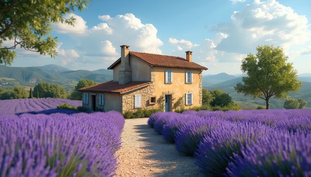 Idyllic stone house sits amid vast lavender fields under a bright blue sky with fluffy clouds. Green rolling hills stretch into the distance.