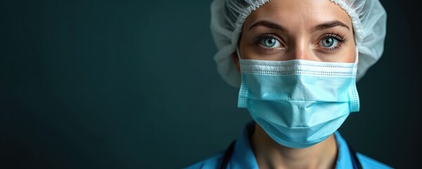 Close up of female doctor with blue surgical mask and hair net. Medical pro looks at camera with bright blue eyes. Ready for clinic work and patient care.