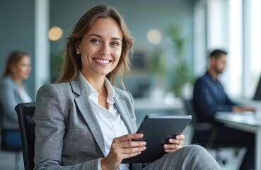 Young business woman sits in modern office holding tablet computer. She smiles at viewer while co workers work in background. Pro woman uses tech device. Corporate staff busy with tasks.