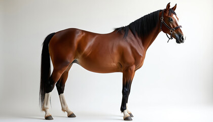 Brown horse with white blaze stands on plain white backdrop. Elegant equine with dark mane and tail displays muscular physique. This majestic animal is ready for equestrian event or promotion.