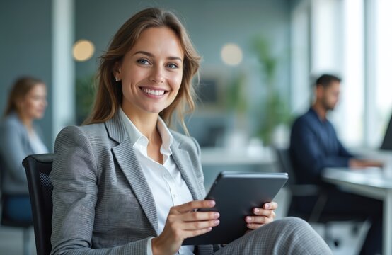 Young business woman sits in modern office holding tablet computer. She smiles at viewer while co workers work in background. Pro woman uses tech device. Corporate staff busy with tasks. - Powered by Adobe