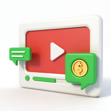 Play button on video screen shows money coin icon. Online chat icons float nearby. Content monetization strategy for digital marketing. Monetization of video content concept.