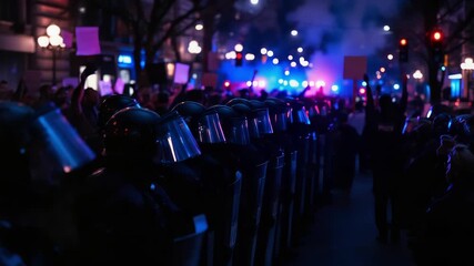 Security forces in formation amid flashing blue and purple lights