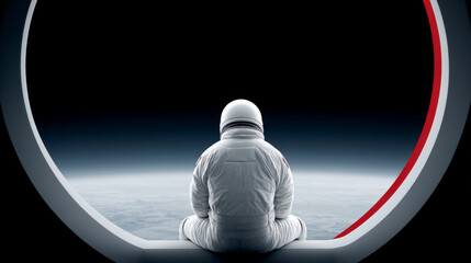 Solitude in space: astronaut reflecting inside observation dome overlooking earth