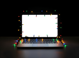 Festive lights around laptop with clear transparent screen on dark background for holiday mockup design